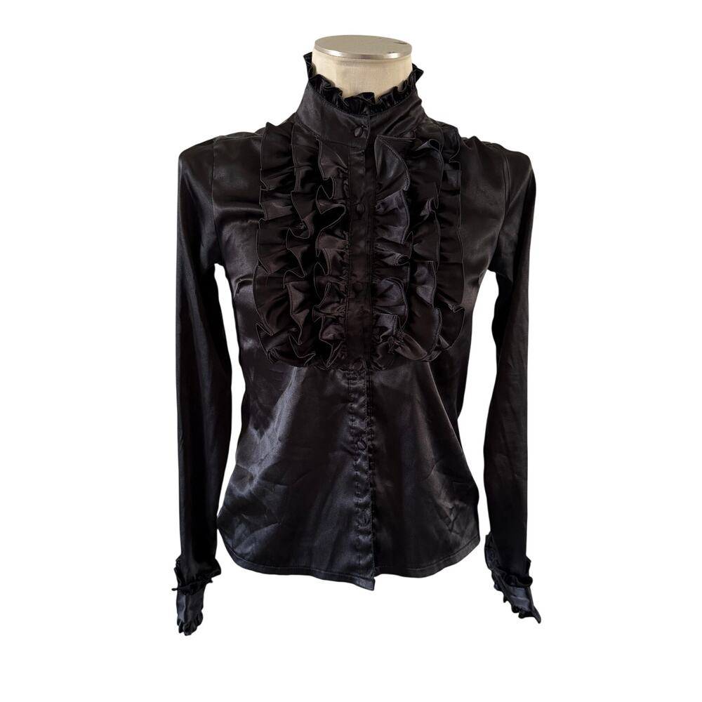 Black Gothic Ruffle Collar Shirt Victorian Medieval Renaissance Blouse Wmns S